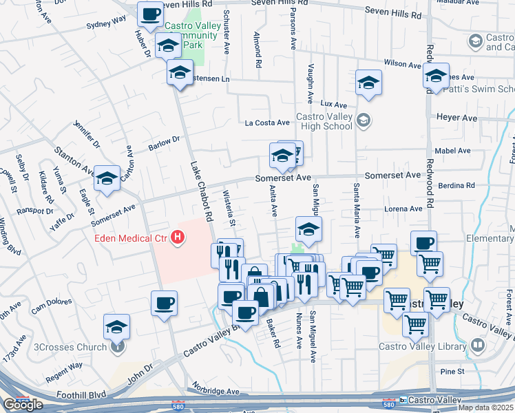 map of restaurants, bars, coffee shops, grocery stores, and more near 3245 Somerset Avenue in Castro Valley