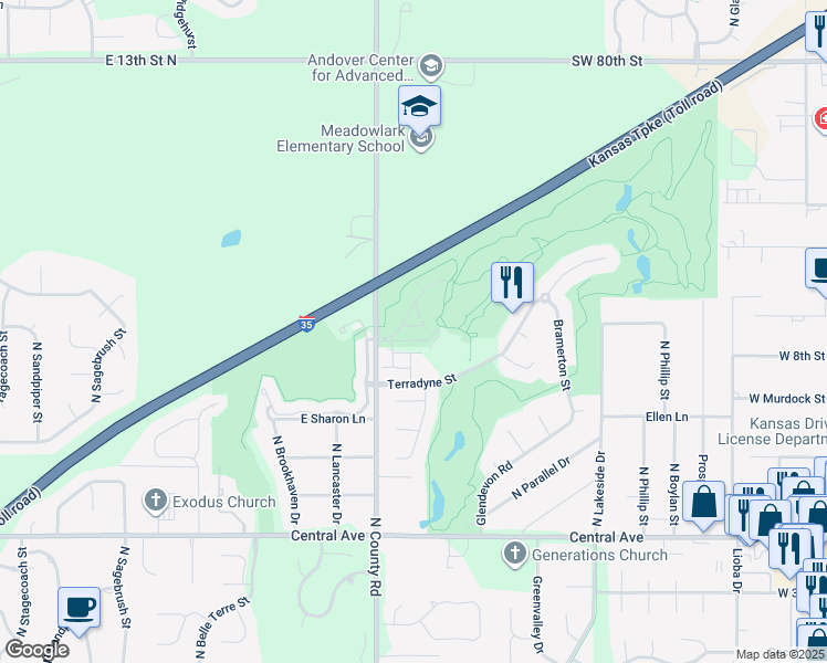 map of restaurants, bars, coffee shops, grocery stores, and more near 1111 North 159th Street East in Wichita
