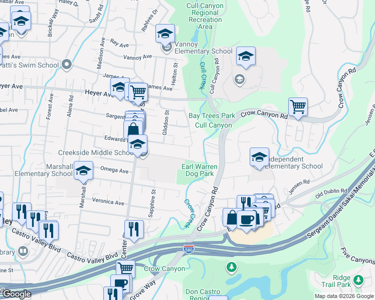 map of restaurants, bars, coffee shops, grocery stores, and more near 19318 Parkview Road in Castro Valley