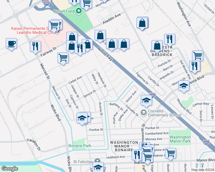 map of restaurants, bars, coffee shops, grocery stores, and more near 14448 Corvallis Street in San Leandro