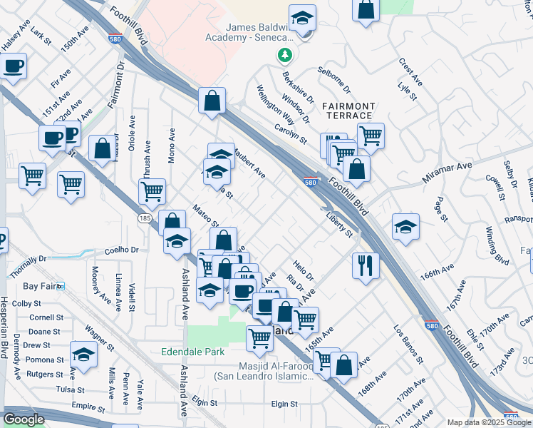 map of restaurants, bars, coffee shops, grocery stores, and more near 1671 162nd Avenue in San Leandro
