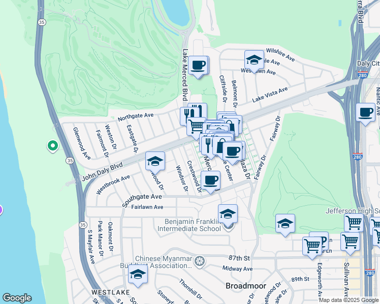 map of restaurants, bars, coffee shops, grocery stores, and more near 21 Crestwood Drive in Daly City
