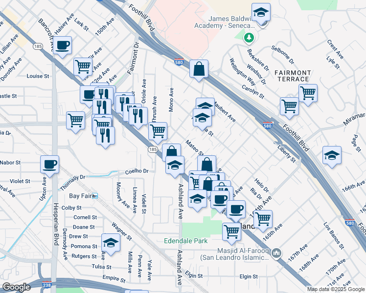 map of restaurants, bars, coffee shops, grocery stores, and more near 1484 Green Court in San Leandro