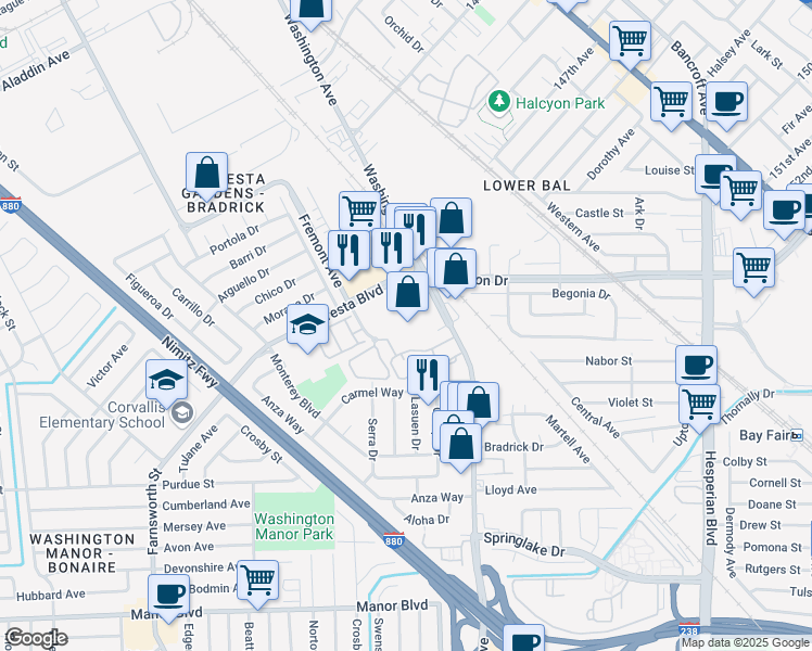 map of restaurants, bars, coffee shops, grocery stores, and more near 250 Floresta Boulevard in San Leandro