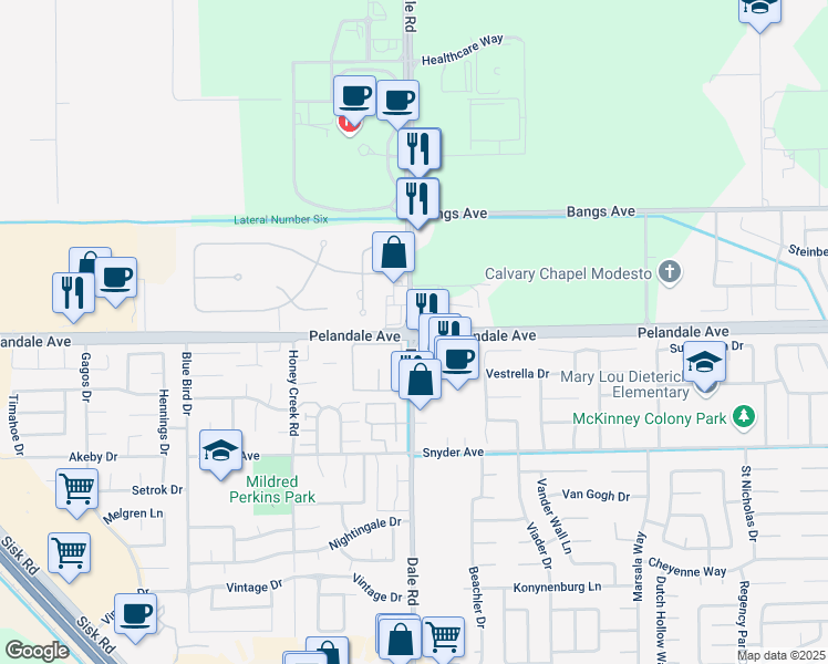 map of restaurants, bars, coffee shops, grocery stores, and more near Pelandale Avenue & Dale Road in Modesto