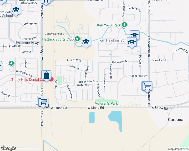 map of restaurants, bars, coffee shops, grocery stores, and more near 35 Belize Court in Tracy