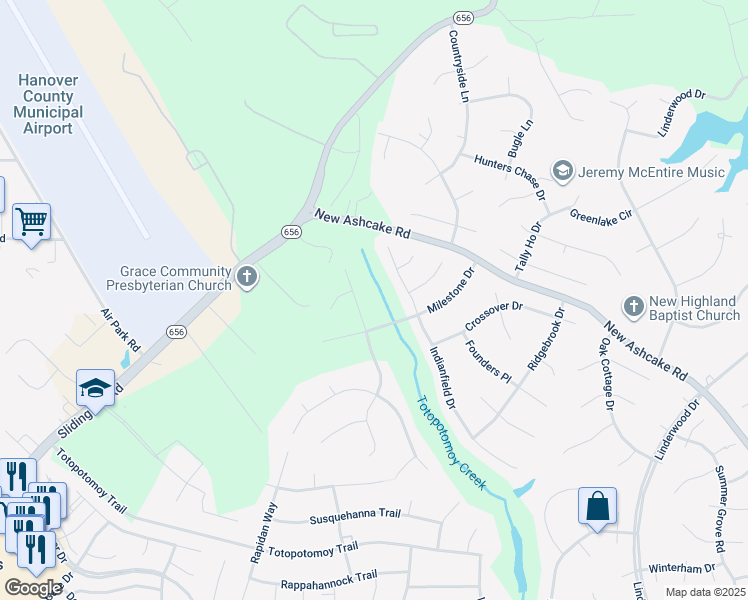 map of restaurants, bars, coffee shops, grocery stores, and more near 11170 Manor View Drive in Mechanicsville