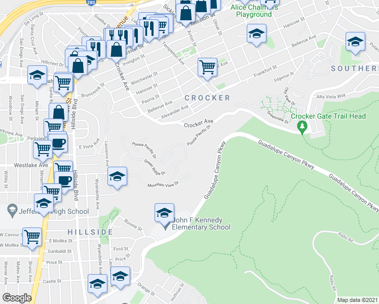 map of restaurants, bars, coffee shops, grocery stores, and more near 783 Green Ridge Drive in Daly City