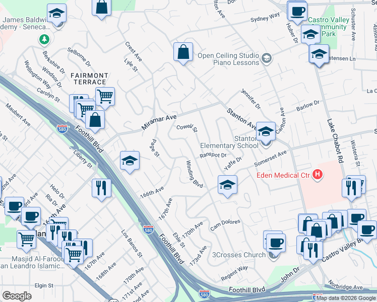 map of restaurants, bars, coffee shops, grocery stores, and more near 16605 Rolando Avenue in San Leandro