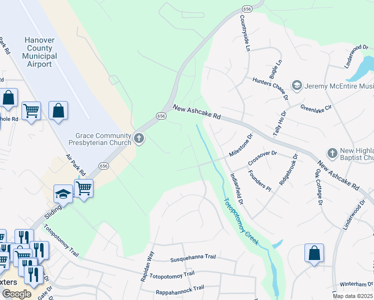 map of restaurants, bars, coffee shops, grocery stores, and more near 9559 Winnepeg Court in Mechanicsville