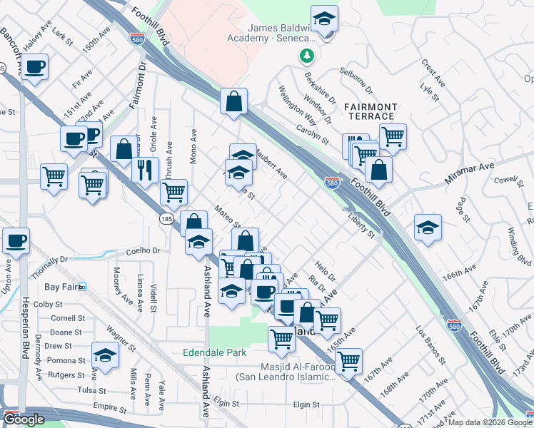 map of restaurants, bars, coffee shops, grocery stores, and more near 1616 Renaissance Lane in San Leandro