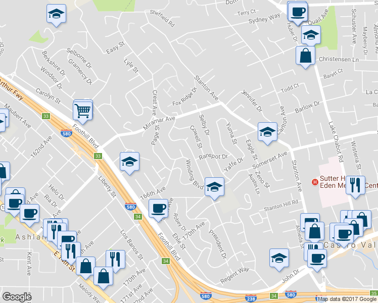 map of restaurants, bars, coffee shops, grocery stores, and more near 16605 Rolando Avenue in San Leandro