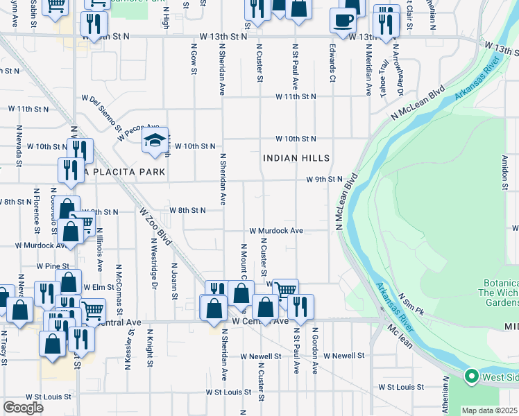 map of restaurants, bars, coffee shops, grocery stores, and more near 817 North Custer Street in Wichita