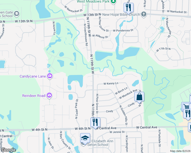 map of restaurants, bars, coffee shops, grocery stores, and more near 11814 West Lost Creek Circle in Wichita
