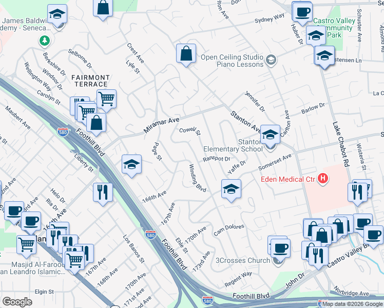 map of restaurants, bars, coffee shops, grocery stores, and more near 16637 Cowell Street in San Leandro