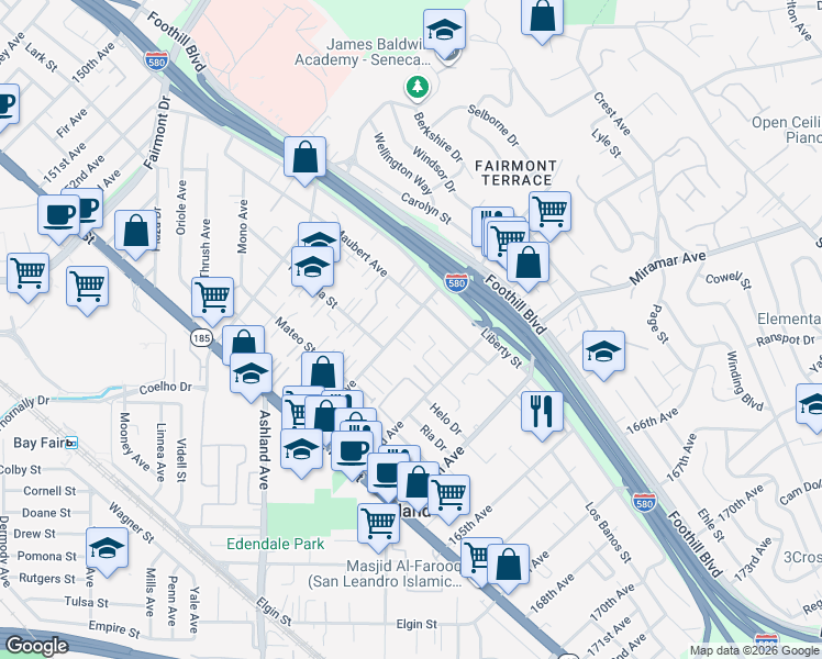 map of restaurants, bars, coffee shops, grocery stores, and more near 1671 162nd Avenue in San Leandro