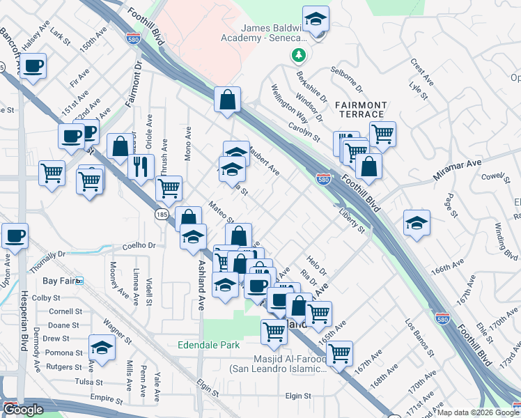 map of restaurants, bars, coffee shops, grocery stores, and more near 1616 Renaissance Lane in San Leandro