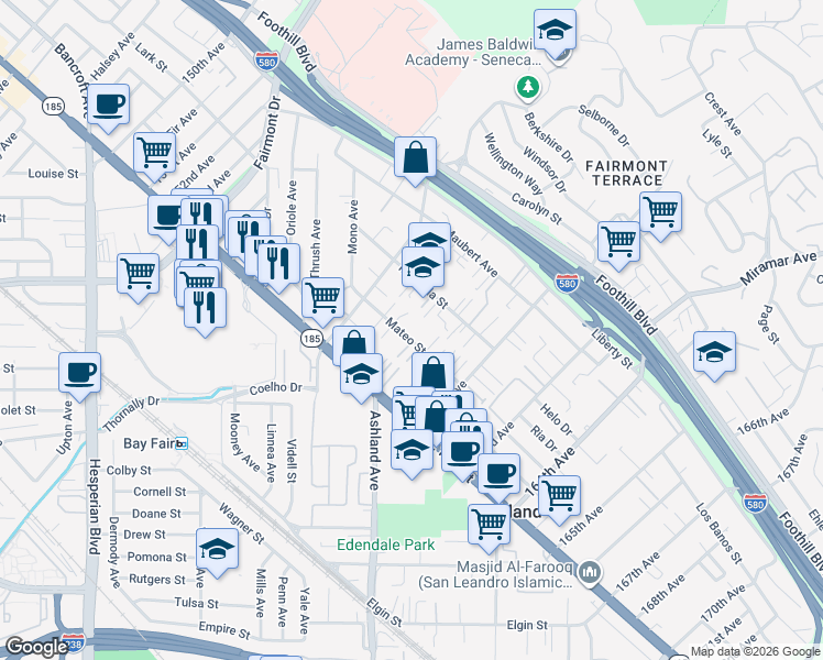 map of restaurants, bars, coffee shops, grocery stores, and more near 1510 Green Court in San Leandro