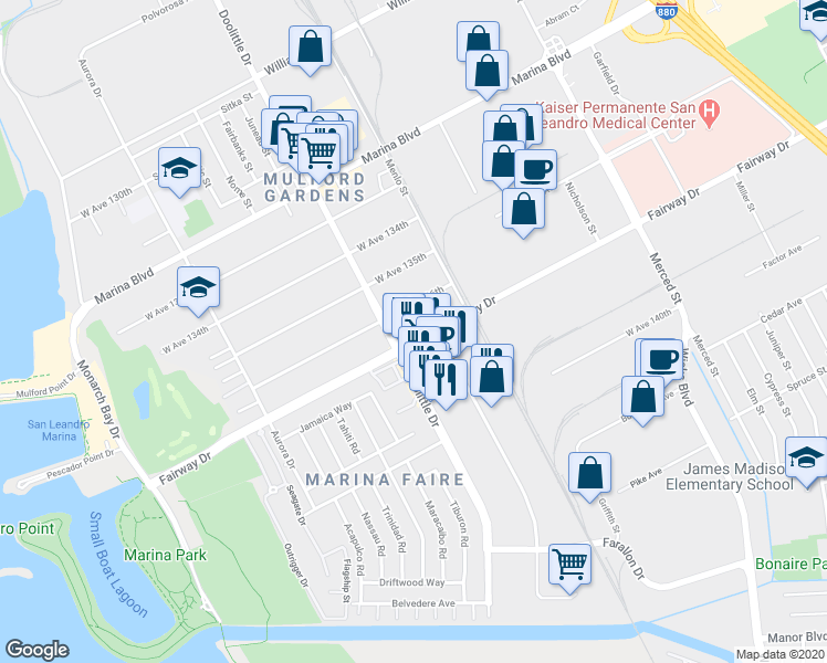 map of restaurants, bars, coffee shops, grocery stores, and more near 2136 West Avenue 136th in San Leandro