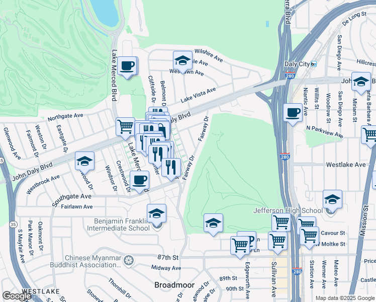 map of restaurants, bars, coffee shops, grocery stores, and more near 50 Parkwood Drive in Daly City