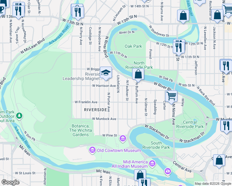 map of restaurants, bars, coffee shops, grocery stores, and more near 950 North Porter Avenue in Wichita