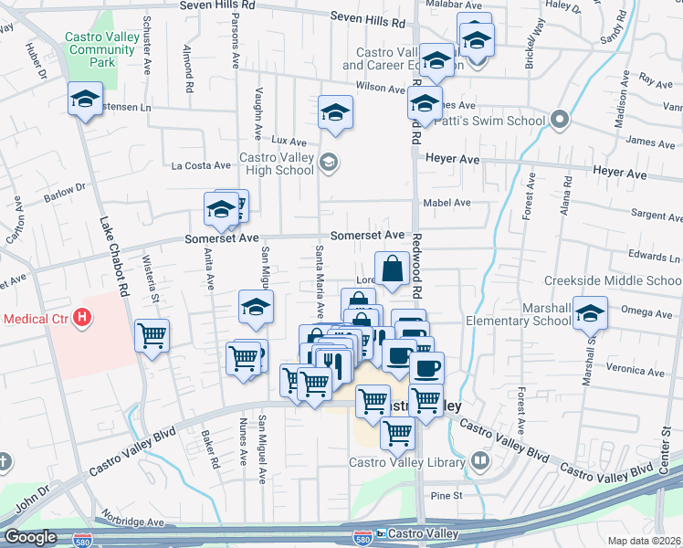 map of restaurants, bars, coffee shops, grocery stores, and more near 3630 Lorena Avenue in Castro Valley