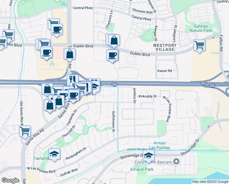 map of restaurants, bars, coffee shops, grocery stores, and more near 3730 Thistle Way in Pleasanton