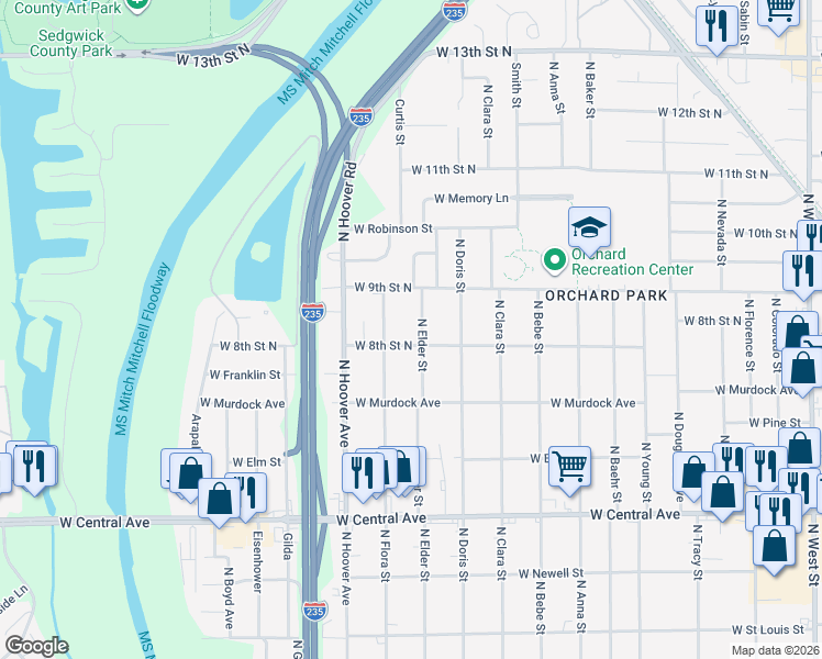 map of restaurants, bars, coffee shops, grocery stores, and more near 919 North Elder Street in Wichita