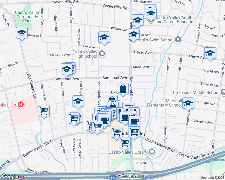 map of restaurants, bars, coffee shops, grocery stores, and more near 19987 Lorena Circle in Castro Valley