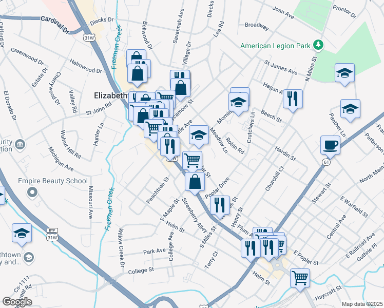 map of restaurants, bars, coffee shops, grocery stores, and more near 201-299 Morningside Drive in Elizabethtown