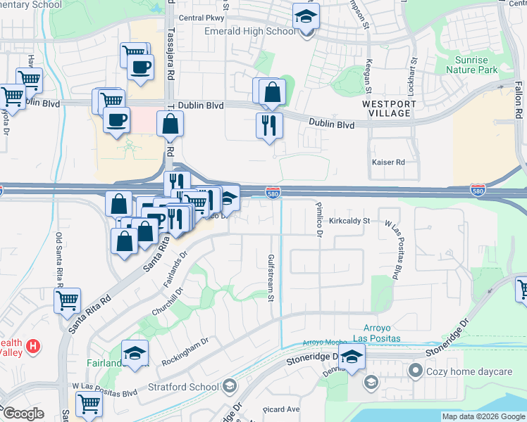 map of restaurants, bars, coffee shops, grocery stores, and more near 3836 Keneland Way in Pleasanton