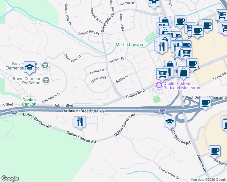 map of restaurants, bars, coffee shops, grocery stores, and more near 11488 Betlen Drive in Dublin