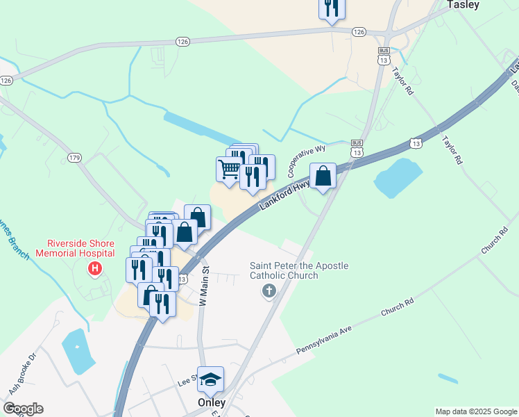 map of restaurants, bars, coffee shops, grocery stores, and more near 25102 Lankford Highway in Onley