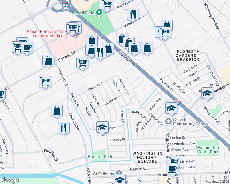 map of restaurants, bars, coffee shops, grocery stores, and more near 14369 Acacia Street in San Leandro