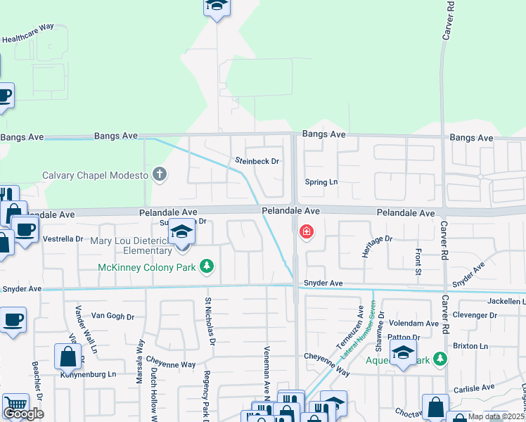 map of restaurants, bars, coffee shops, grocery stores, and more near Pelandale Avenue in Modesto