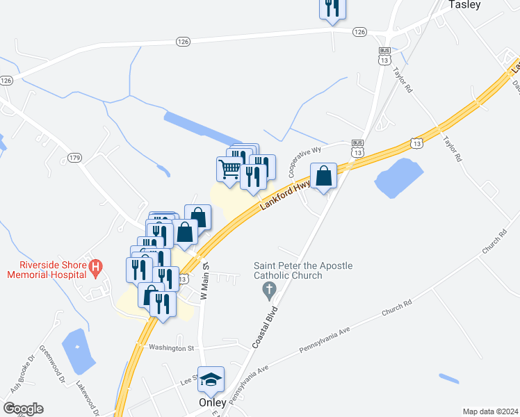 map of restaurants, bars, coffee shops, grocery stores, and more near 25102 Lankford Highway in Onley