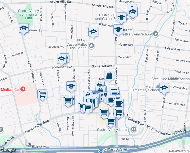 map of restaurants, bars, coffee shops, grocery stores, and more near 3630 Lorena Avenue in Castro Valley