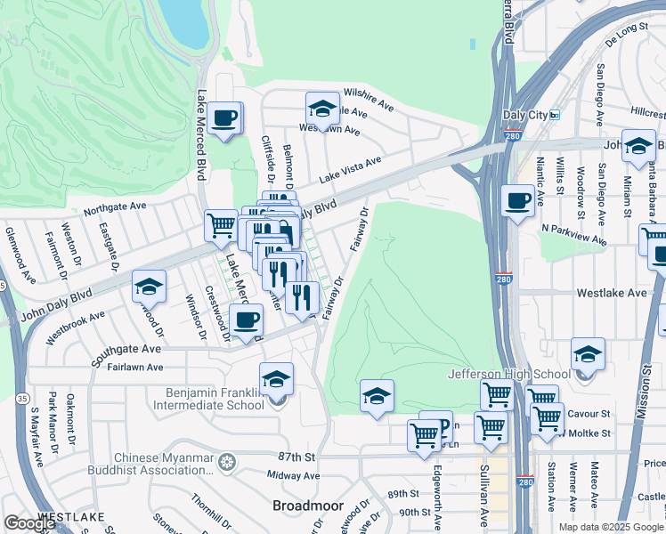 map of restaurants, bars, coffee shops, grocery stores, and more near 50 Parkwood Drive in Daly City