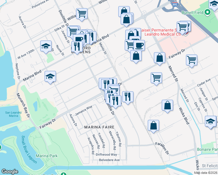 map of restaurants, bars, coffee shops, grocery stores, and more near 2127 Fairway Drive in San Leandro