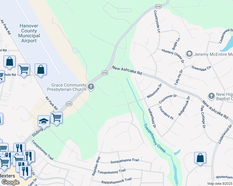 map of restaurants, bars, coffee shops, grocery stores, and more near 9564 Winnepeg Court in Mechanicsville