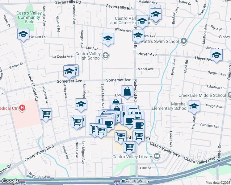 map of restaurants, bars, coffee shops, grocery stores, and more near 19987 Lorena Circle in Castro Valley