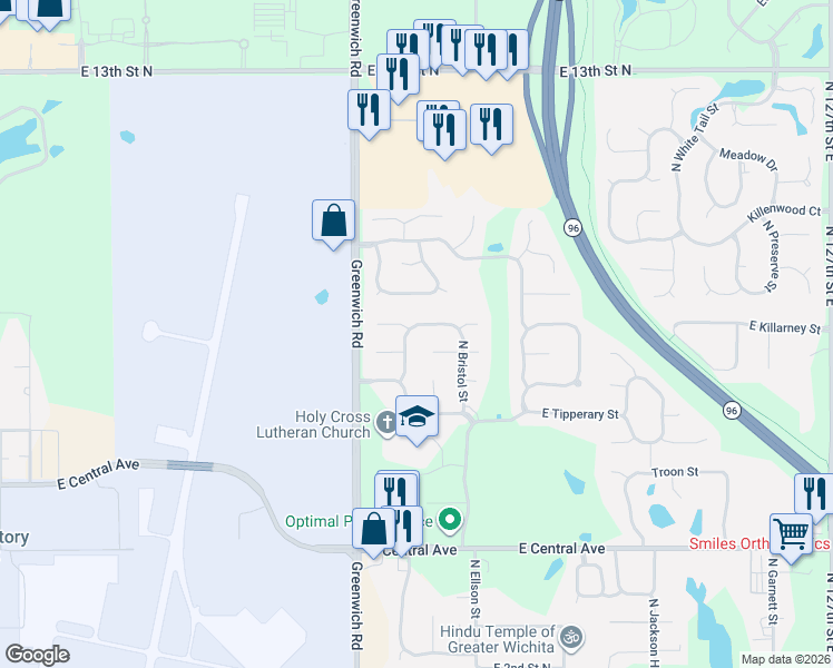 map of restaurants, bars, coffee shops, grocery stores, and more near 9101 East Killarney Street in Wichita