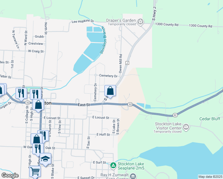 map of restaurants, bars, coffee shops, grocery stores, and more near 221 South Highway J in Stockton