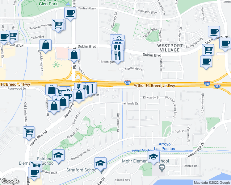 map of restaurants, bars, coffee shops, grocery stores, and more near 3828 Keneland Way in Pleasanton
