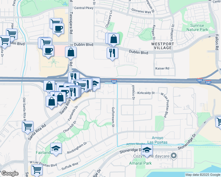 map of restaurants, bars, coffee shops, grocery stores, and more near 3828 Keneland Way in Pleasanton