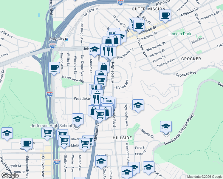 map of restaurants, bars, coffee shops, grocery stores, and more near 27 Beta Avenue in Daly City