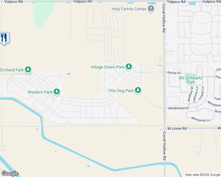 map of restaurants, bars, coffee shops, grocery stores, and more near 2423 Augusta Avenue in Tracy
