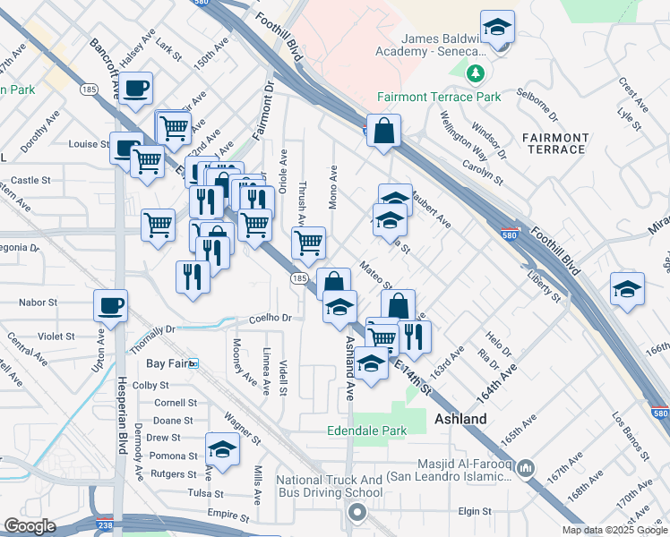 map of restaurants, bars, coffee shops, grocery stores, and more near 1490A 159th Avenue in San Leandro