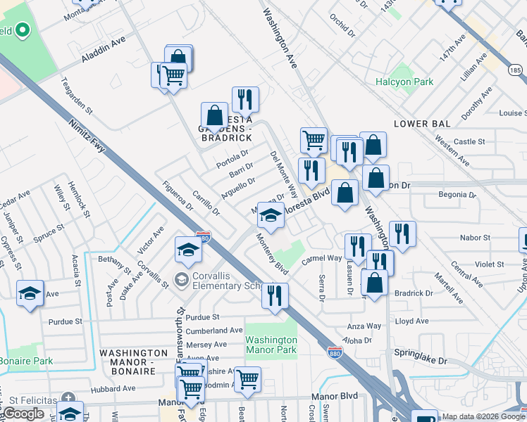 map of restaurants, bars, coffee shops, grocery stores, and more near 785 Moraga Drive in San Leandro