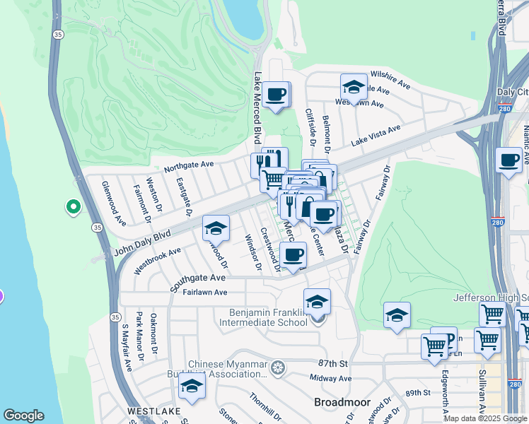map of restaurants, bars, coffee shops, grocery stores, and more near 407 South Mayfair Avenue in Daly City